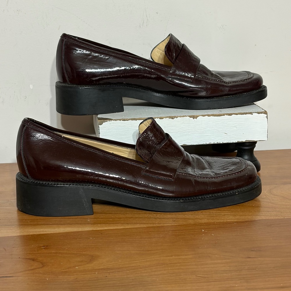 Sergio Rossi for Tini Burgundy Patent Leather Square Toe Penny Loafers Size 37.5